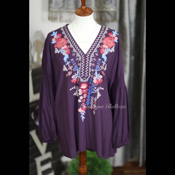 Custom Embroidered Woven Top In Eggplant: 1XL-3XL - Picture 7 of 7